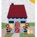 A close up on a block featuring a light blue house with a red roof that has navy blue scalloping and two pots of flowers.