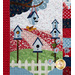 A close up on a block featuring a handful of birdhouses with birds and a trailing vine of morning glories.