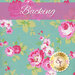 Swatch of a bright aqua fabric with tossed pink roses and green leaves. A pink banner at the top reads 