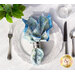 A beautifully arranged table setting with a decorative napkin folded and secured with a silver napkin ring on a white plate. There are silver utensils on either side of the plate, and a glass of water is in the background, alongside a small green plant.