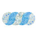 A scalloped table runner in shades of blue and white made of floral fabrics on a white background.