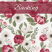 A swatch of white fabric with tossed bouquets of green leaves with red and cream stylized poppies. A dark pink banner at the top reads 