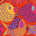 8x8 close-up swatch of orange fabric with large orange, blue, and magenta fish