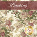 A swatch of cream fabric with tossed bouquets of large painterly florals. A burgundy banner across the top reads 