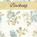 A swatch of cream fabric with large tossed powder blue florals with yellow green leaves. A yellow banner across the top reads 