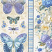 An 8x8 close-up swatch of a floral wallpaper patterned fabric featuring vertical stripes with blue and purple butterflies, interspersed with small flowers in various colors.