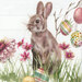 8x8 swatch of a brown rabbit stands among colorful Easter eggs and blooming flowers in a grassy setting.