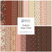 Collage of fabrics in the Evelyn's Hope Chest Fq set featuring florals in shades of cream, red, pink, and brown