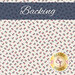 A swatch of white fabric featuring a small calico print of tossed red and blue flowers. A navy blue banner at the top reads 