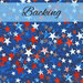 A swatch of a medium blue fabric, packed with stars in various shades of red, white and blue. A cyan banner at the top reads 