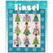 Front cover of the Tinsel pattern book, a bright aqua quilt with a white center and nine blocks of heavily detailed and embellished wool Christmas trees.