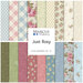 A stacked collage of pink, blue, green, and cream fabrics in the Just Rosy collection