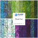 A collage of blue, green, white, and deep purple batik fabrics included in the Floral Fun FQ set.