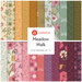 collage of fabrics in Meadow Walk featuring flowers, dragonflies, scattered dots, and geometric shapes in purple, pink, green, yellow, teal, and cream