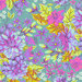 A vibrant floral pattern featuring large purple and pink flowers, along with yellow leaves and smaller white blossoms, set against a teal background.