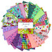 A circular fan of vibrant purple, aqua, pink, and white quilting fabrics with various floral and geometric designs