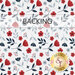 A floral fabric design featuring red and navy flowers and leaves on a white background, with the words Backing in an elegant font at the top and a logo for Shabby Fabrics at the bottom corner.
