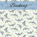 A swatch of white fabric that has a small blue floral print tossed with tiny green leaves. A light blue banner at the top reads 