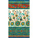 Bohemian style border print fabric with a large teal, white, and red sections with intricate florals throughout