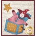 A whimsical fabric design featuring a smiling doll in a pocket, with a star on a textured background.