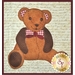 A stitched teddy bear with a checkered bow sits on a textured, handwritten background.