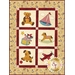 Patchwork quilt featuring six playful designs: a teddy bear, sailboat, clown, rocking horse, dog, and airplane.