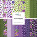 collage of the fabrics in the Plum Petals fat quarter set in shades of purple, green, and white.