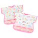 Two of the Toddler Bibs demonstrating the reversible feature, colored in white, pink, and multicolor fabrics, isolated on a white background.