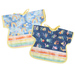 Two of the Toddler Bibs demonstrating the reversible feature, colored in light blue, navy blue, and multicolor fabrics, isolated on a white background..