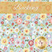 Swatch of light blue fabric with tossed stylized wildflowers. An ochre banner at the top reads 