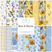 A stacked collage of blue, white, and yellow fabrics with floral summertime motifs