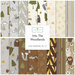 A stacked collage of white, cream, gray, and brown fabrics with woodland themes