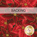 Swatch of a red fabric packed with poinsettias, finished with metallic gold accents. A dark red banner at the top reads 