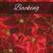 Swatch of a red fabric packed with poinsettias, finished with metallic gold accents. A dark red banner at the top reads 