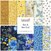 A collage of yellow, blue, and cream fabrics in the Bee Kind FQ set