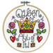 A closeup of the finished Queen cross stitch inside a wooden hoop isolated on a white background.