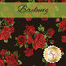 A swatch of black fabric with photorealistic tossed red roses. A light green banner across the top reads 