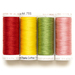 Four spools of thread in red, sunshine yellow, sage, and pink, isolated on a white background.