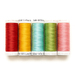 Five spools of thread in red, gold, aqua, avocado green, and pink, isolated on a white background.