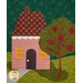 A close up on one of the houses on the quilt, showcasing fabric, appliqué, and embellishment details.