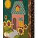 A stylized close up on one of the houses on the quilt, showcasing fabric, appliqué, and embellishment details.