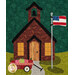 A close up on the schoolhouse on the quilt, showcasing fabric, appliqué, and embellishment details.