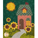 A close up on one of the houses on the quilt, showcasing fabric, appliqué, and embellishment details.