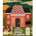 A close up on one of the houses on the quilt, showcasing fabric, appliqué, and embellishment details.