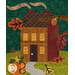 A close up on one of the houses on the quilt, showcasing fabric, appliqué, and embellishment details.