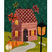 A close up on one of the houses on the quilt, showcasing fabric, appliqué, and embellishment details.