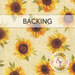 Swatch of a cream fabric with tossed medium sunflowers in golden orange and yellow. A banner at the top reads 