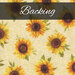 Swatch of a cream fabric with tossed medium sunflowers in golden orange and yellow. A black banner at the top reads 