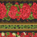 Close up of black borderstripe fabric with varied rows of large red geraniums, gold stripes with wide fanning leaves, and a bouquet of red geraniums, geranium leaves, and daisies.