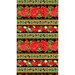 Black border stripe fabric with varied rows of large red geraniums, gold stripes with wide fanning leaves, and bouquets of red geraniums, geranium leaves, and daisies.